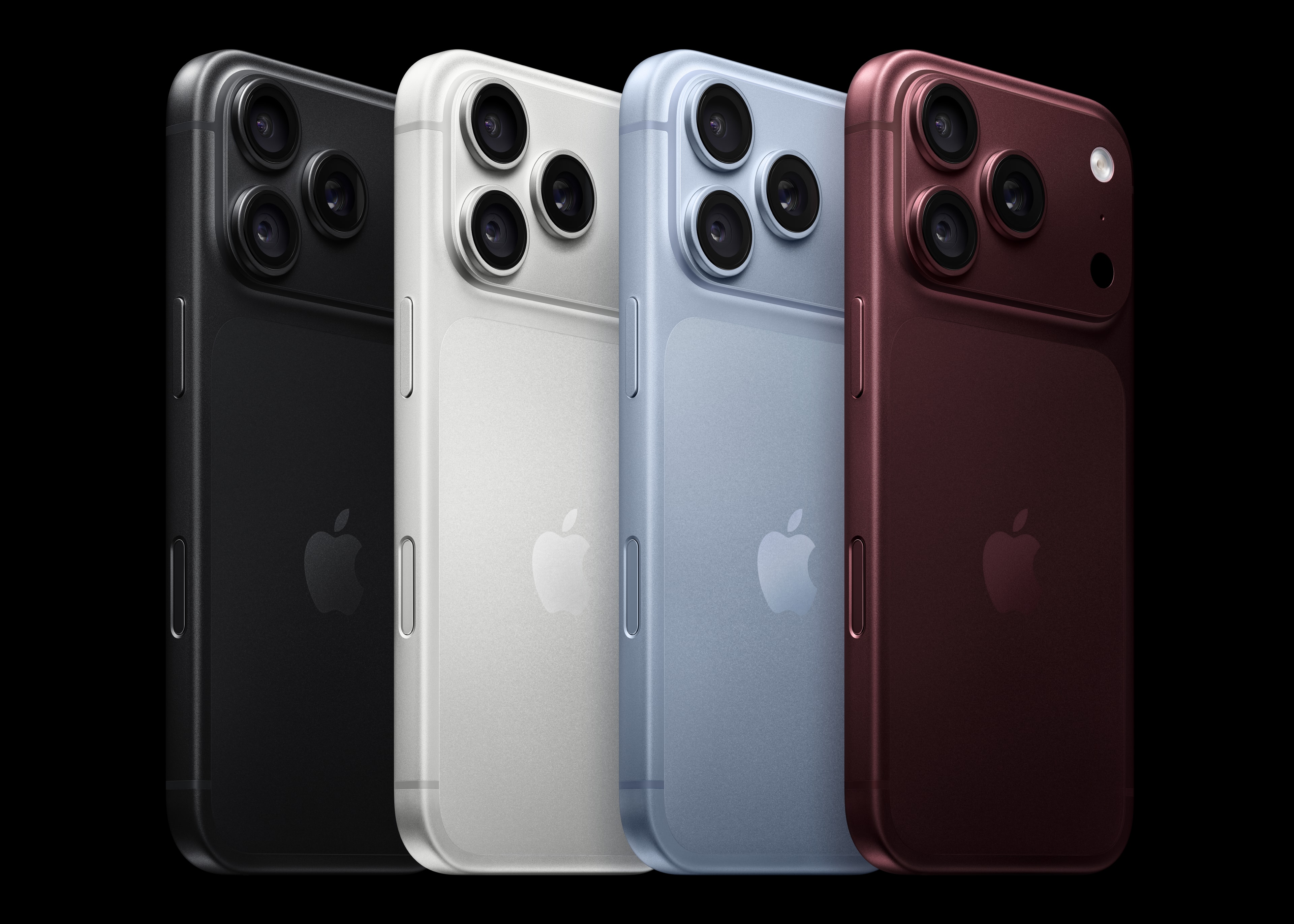 Rear views of iPhone 18 Pro in black, silver, glacier and burgundy.