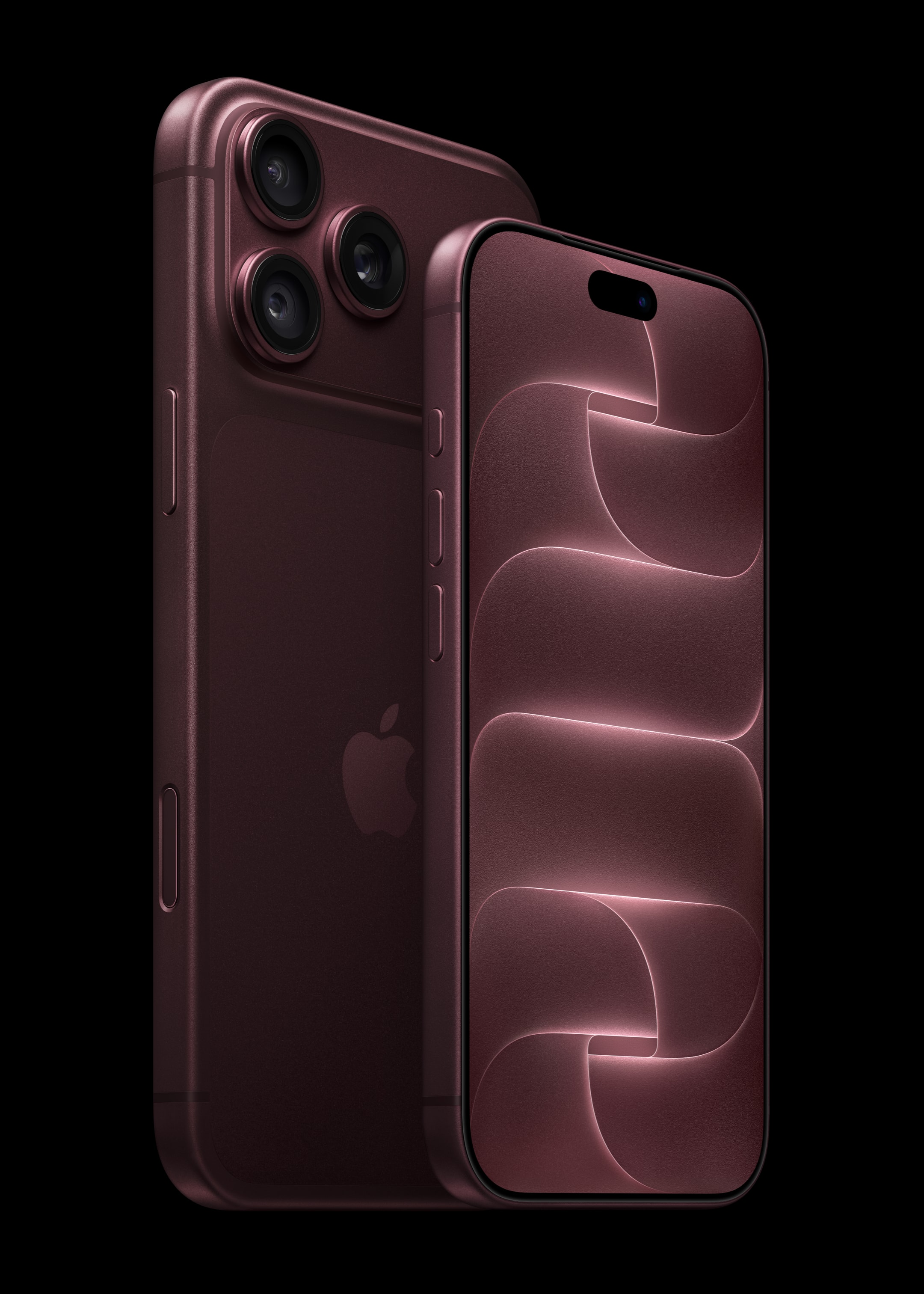 Burgundy iPhone 18 Pro from the front beside iPhone 18 Pro Max from the rear.