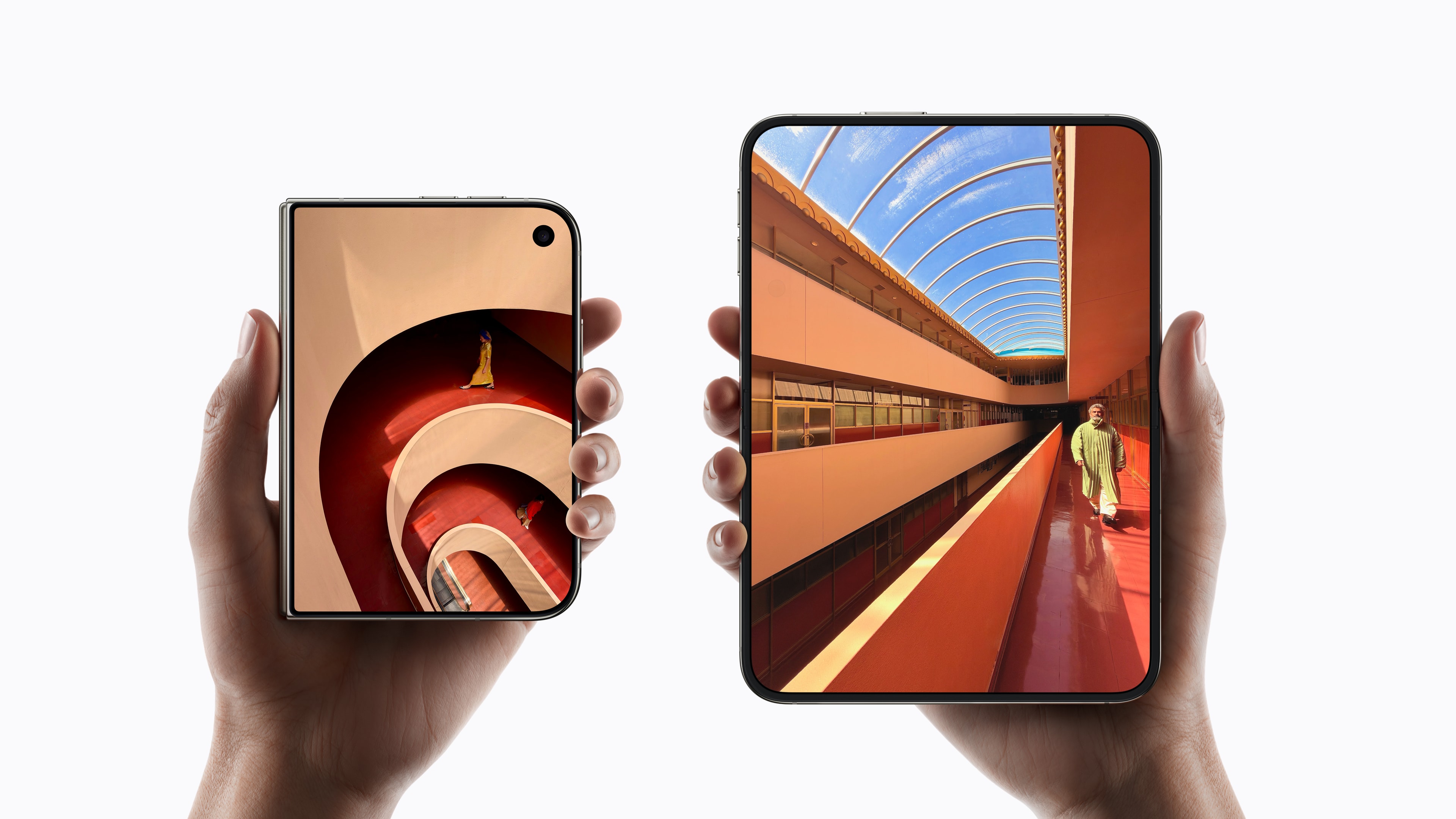 Hands holding iPhone Duo folded on the left and unfolded on the right.